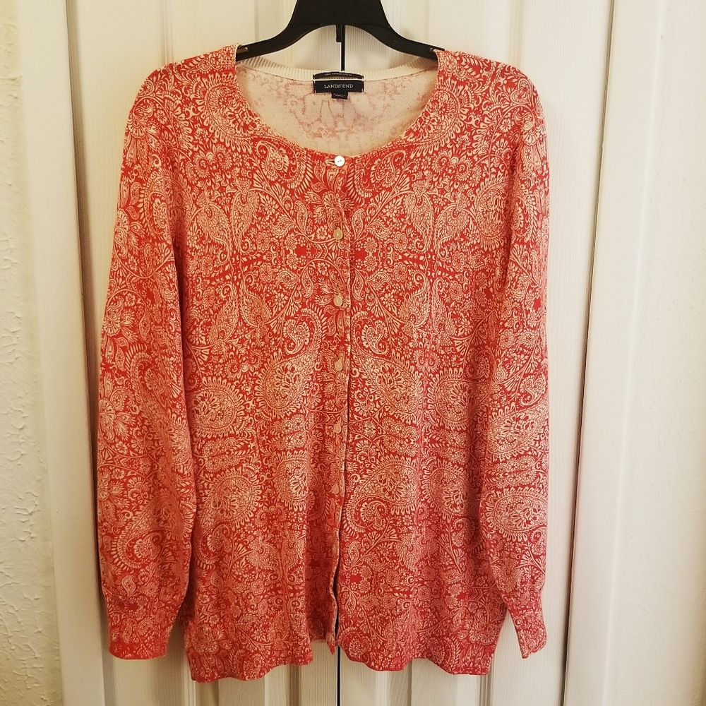 Lands End Red and White Paisley Cardigan